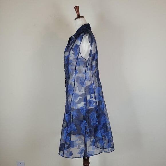 Kay Unger Dress 10 Blue Floral Sheer Button Front Overlay Midi Collared Party - Picture 5 of 9